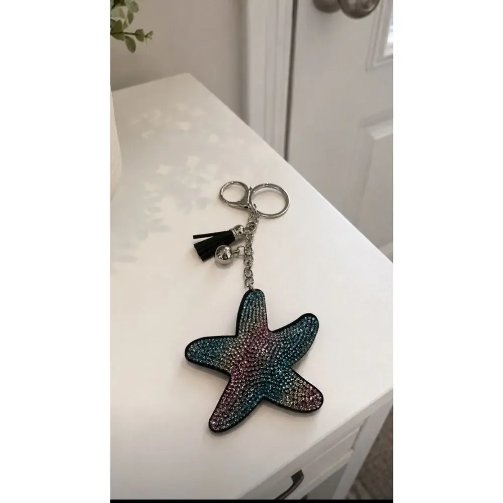 Black Colorful Rhinestone Starfish Bag Charm Key Chain New